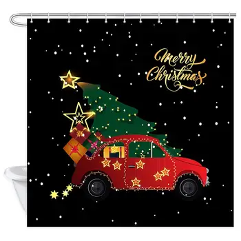 

New Year Shower Curtain, The Tree Christmas and Gift Box on Red Car Shower Curtain Waterproof Bathroom Decor Polyester Fabric