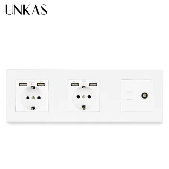 

UNKAS Plastic Panel Dual EU Standard Electric Socket with 4 USB Charging Port Female TV Jack + Internet Computer Data RJ45