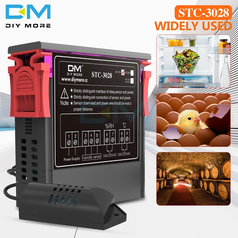 STC-3028, двойной цифровой светодиодный регулятор температуры и влажности, термометр, термостат, гигрометр переменного тока 110 В 220 В постоянного тока 12 В 24 в 10 А