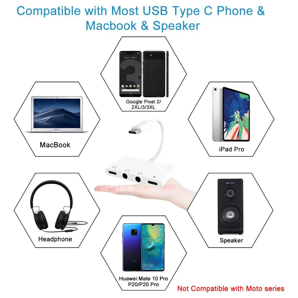 USB C to Dual 3.5mm Digital Audio Jack Adapter 4 in 1 Headphone Audio Adapter for Google Pixel2 USB-C Charging Splitter