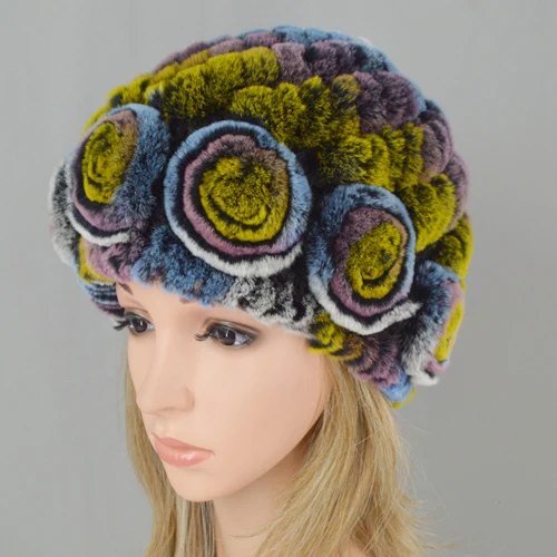 colorful 7 Зима, настоящий мех кролика, шапки для женщин, теплый мягкий Настоящий мех кролика, цветочные шапочки, вязаная шапка в полоску, натуральный мех, шапка - Цвет: colorful 7