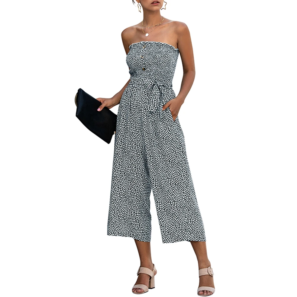 

Womens Holiday Off Shoulder Strapless Long Jumpsuit Summer Bohemian Solid Dot Ladies sexy wrapped chest overall Romper vestido
