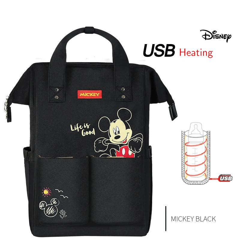 Новая сумка для подгузников с изображением Диснея Минни Микки Мауса, рюкзак для мам, сумка для коляски, большая вместительность, сумка для пеленания, Органайзер - Цвет: Black