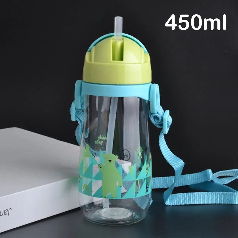Дети мультфильм Животные школы питьевой воды соломы бутылки соломы Сиппи ребенка чашки с плечевым ремнем 230/450 мл - Цвет: 450ml Blue Strap
