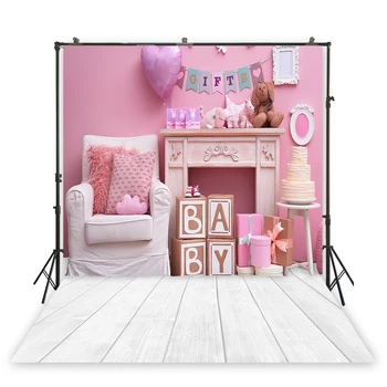 

White Sofa Various Toys Photography Pink Painted Wall White Wooden Floor Background Backdrops For Baby Birthday Backdrop XT-6974