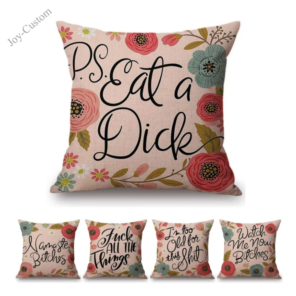 

Pink Color Letter Print Sofa Throw Pillow Cotton Linen English Calligraphy Four Letter Word Complain Flower Wreath Cushion Cover