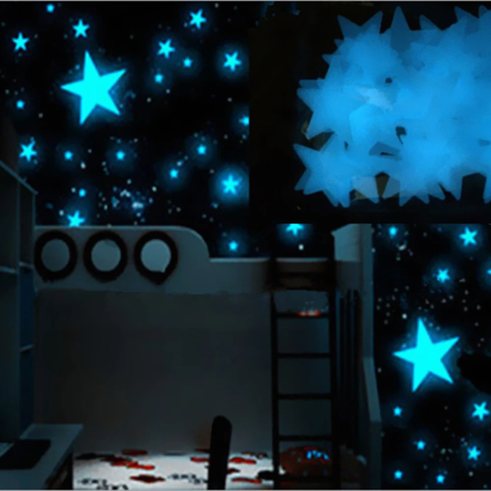 100pcs 3D Stars Glow In Dark Luminous Fluorescent Plastic Wall Sticker Home Decor Decal Wallpaper Decorative luminous wall stickers fluorescent stickers 3d wall stickers