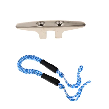 

316 Stainless Steel Boat Open Base Cleat Marine Grade 4.5 inch (Silver) + 3.5ft Soft Loops Tie-Down Straps Bungee Cord (Blue)