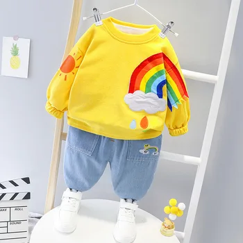 

Boy's Autumn Cute Rainbow Long-sleeve Suit Girl's Super Foreign Jeans Two-piece Set Baby Boys Combed Cotton Pullover Casual