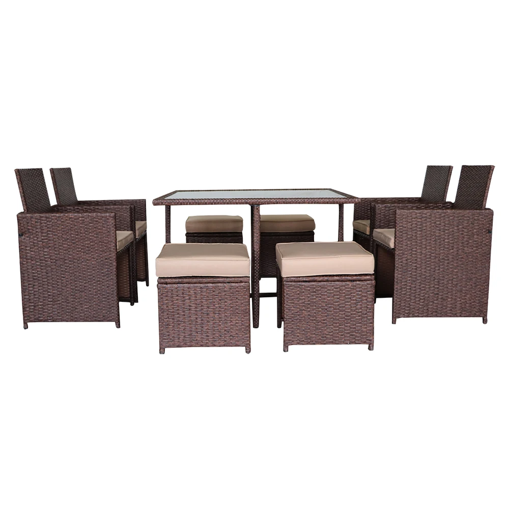 

9 Pieces Wood Grain PE Wicker Rattan Dining Ottoman with Tempered Glass Table Patio Furniture Set