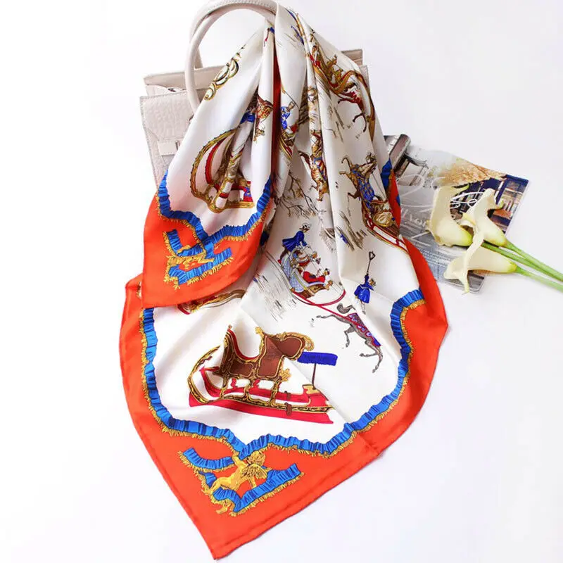 

100% Twill Silk Scarf Women Kerchief Luxury Vintage Horse Print Shawl Hijab Hand Rolled Square Stole Bandana 35"*35"