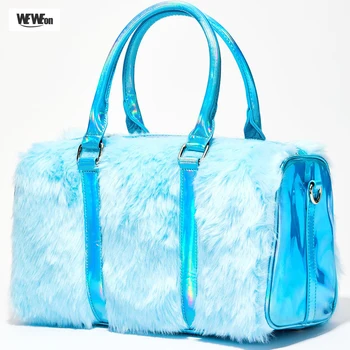 

2020 Blue Fur Laser Sport Bag Women's Holographic Handbag Plush Travel Bags Large Street Weekend College Party Big Female Tote