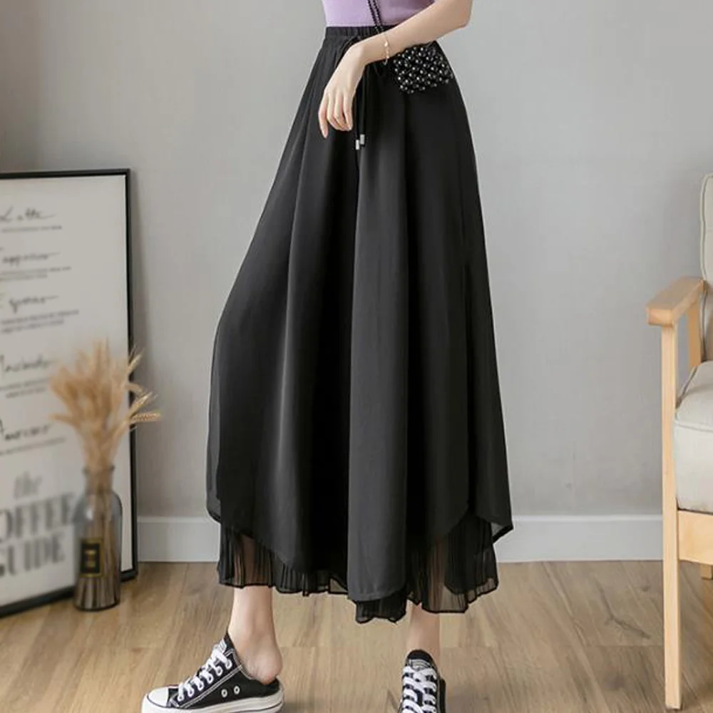 Korean Fashion Summer Pants Women Trousers Loose High Waist Pleated Chiffon Trousers Womens Blue Wide Leg Pants-Skirts denim capris