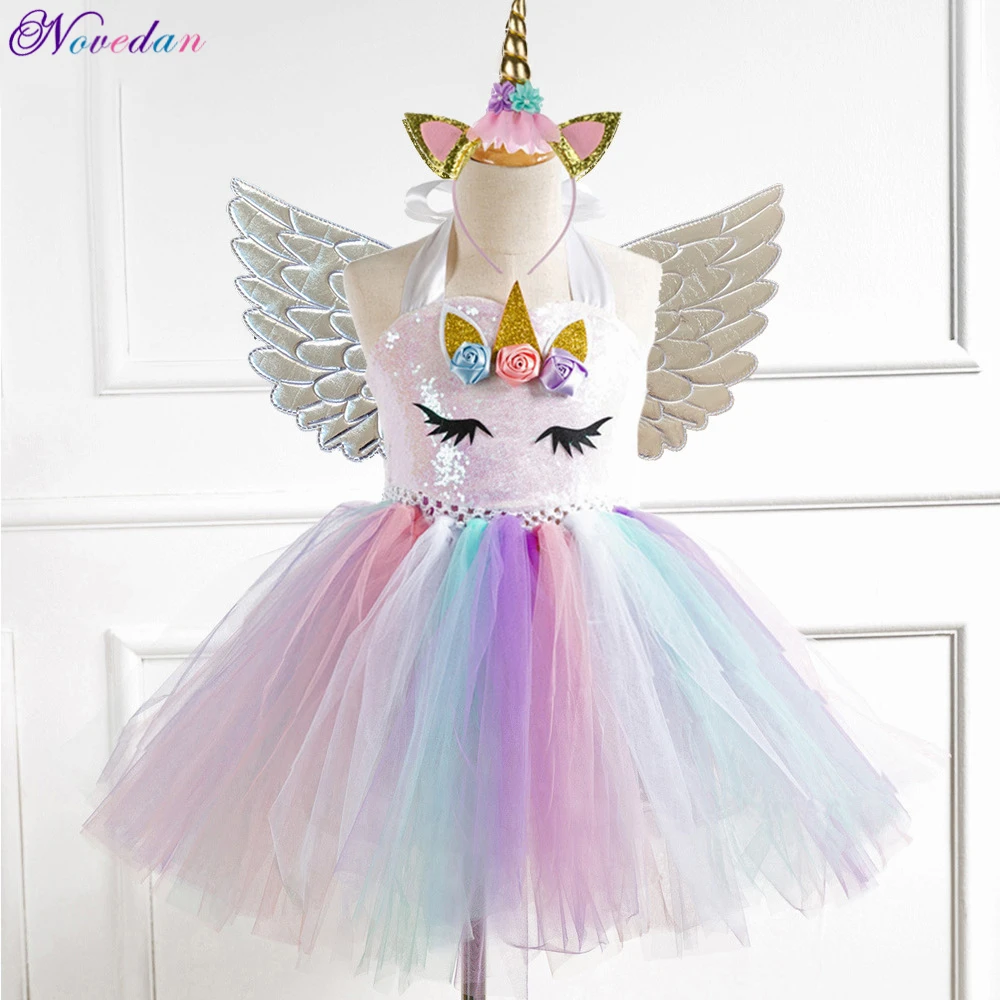 New Kids Unicorn Costumes For Girls Unicorn Tutu Dress With Gold Headband Wings Princess Girls Halloween Party Dress 2-10 Years