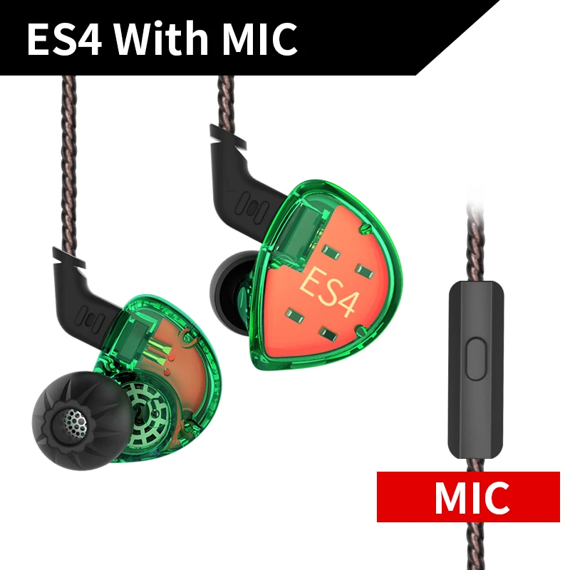 KZ ES4 1BA+ 1DD гибридные наушники-вкладыши Hifi Динамический драйвер шумоподавление Гарнитура замена кабеля AS10 ZSX ZST ES3 ZSN - Цвет: green  with mic