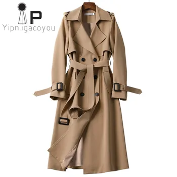 

Fashion Spring Autumn Khaki Windbreaker Women Classic Business Outwear Korean Thin Slim Double-breasted Long Trench Coat Female