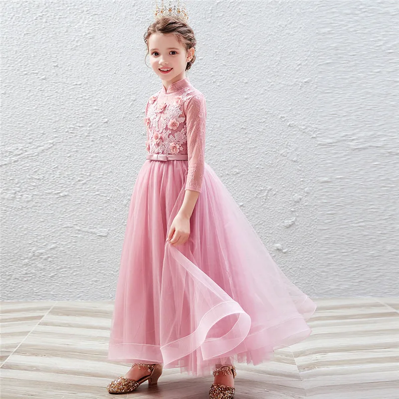 Autumn Winter Sweet Appliques Flowers Long Sleeves Birthday Wedding Party Princess Dress Kids Tutu Host Costumes Dress Wear