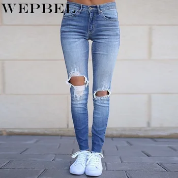

WEPBEL Jeans Ripped Hole Women's Blue Jeans Skinny Casual Women Demin Trousers Slim Fit Long Pants