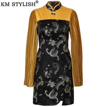 

2019 New Retro Chinese Style Cheongsam Stand Collar Split Black Dragon Embroidery Stitching Pleated Velvet Flare Sleeve Dress