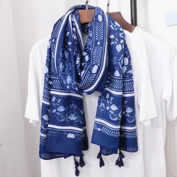 2022 lady Autumn Fashion Navy Blue Aztec Floral Viscose Shawl Scarf Print Wrap Pashmina Snood Bufandas Muslim Hijab 180*90cm