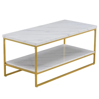 

(106 x 50 x 48cm) Simple Double-layer Golden Iron Pipe Marble PVC Coffee Table Side Table End Table Rectangular