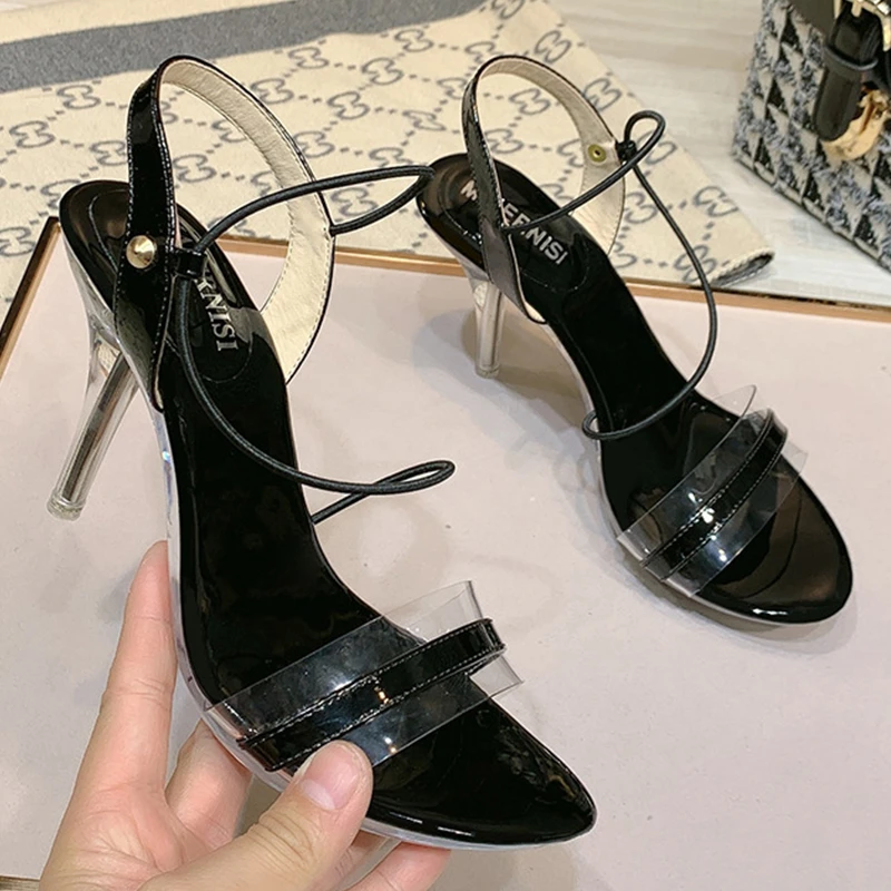 de alto de 8cm para mujer, zapatos transparentes de cabeza redonda, con para exteriores, color negro y para verano|Sandalias de mujer| - AliExpress