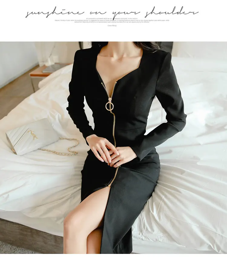 H Han queen однотонное черное облегающее платье-карандаш на молнии для женщин осенне-зимние облегающие платья с квадратным воротником повседневные платья