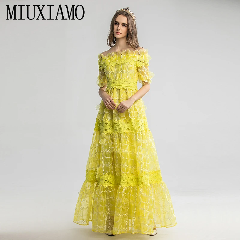 Discount Cheap lw0LY MIUXIMAO 2020 Spring Half Sleeve Dress Fashion Runway 3D Floral Lace Vintage Elegant Long Dress Women vestidos Cake Maxi Dress