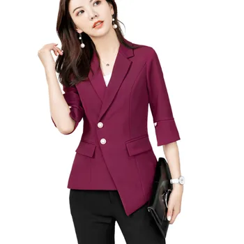 

Wine Red Blazer Half-sleeve Femme New Elegant Asymmetrical Slim Fit Waist Formal Wear Coats and Jackets Women Work Clothes