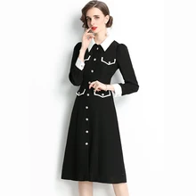 

New Women Spring Basic Dress 2022 Elegant Fashion V-Neck Puff Sleeve Black White Patchwork High Waist Slim A-Line Long Dress
