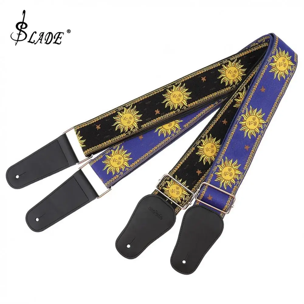 

Jacquard Weave Double Fabric Guitar Strap Sun Flower Pattern Genuine Leather Ends with for Acoustic Electric Guitar Bass