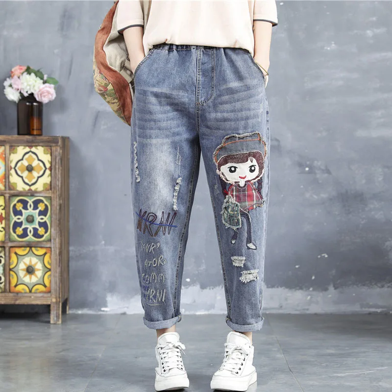 Женские длинные штаны на шнуровке в стиле ретро с мультяшной вышивкой новинка