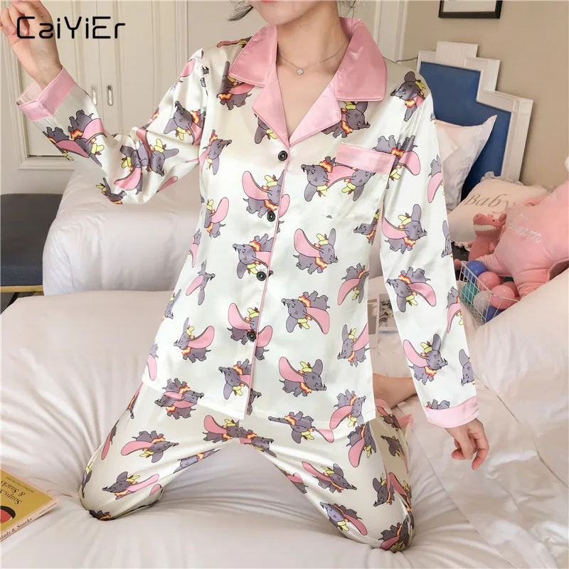 Caiyier Шелковый пижамный комплект милый Dumbo принт длинный рукав пижамы Осень Зима Повседневная одежда для сна Женская домашняя одежда m-xxl