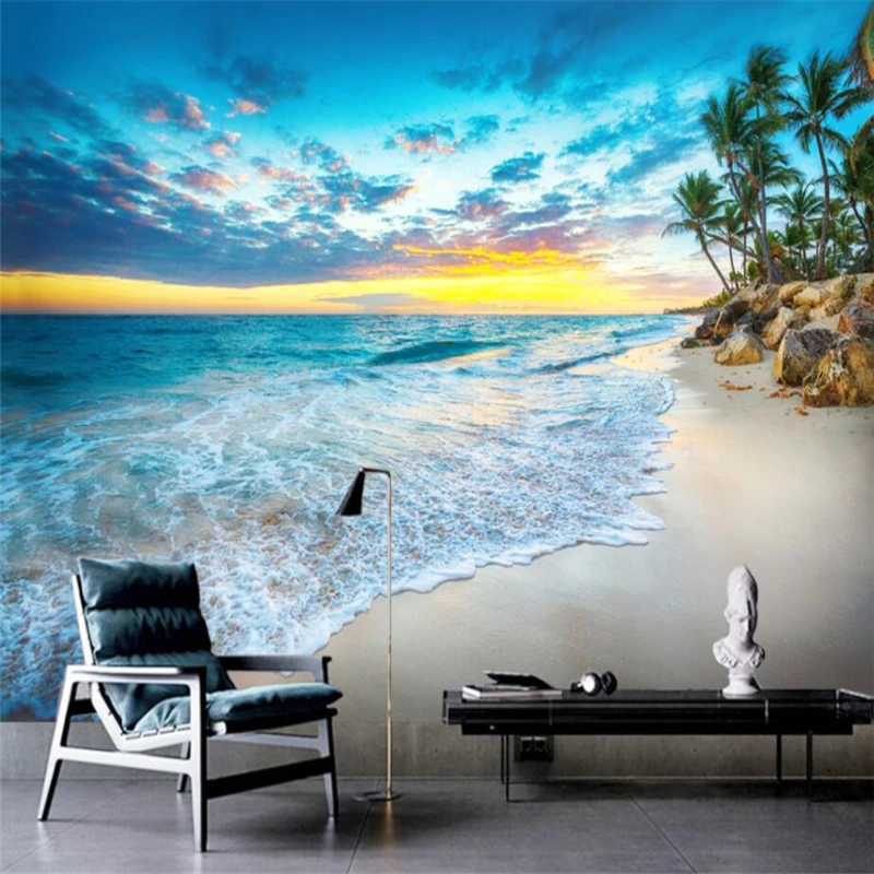Beibehang-HD-Beach-Seascape-Landscape-Illustration-Wall-Custom-Large-Mural-Green-Wallpaper-papel-de-parede-para (1)