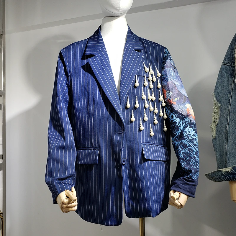 Harajuku Blazer Coat Woman 2020 Spring Autumn New Style European Elegant Stripes Pearl Tassels Blue Suit Jacket Women's Coat