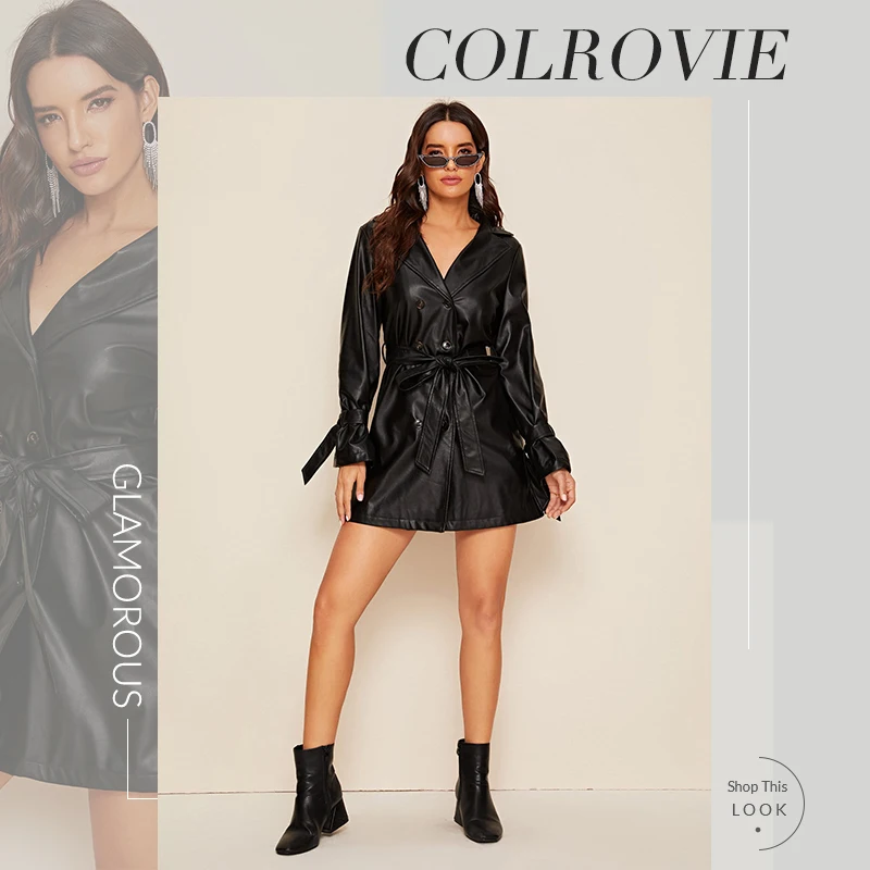 COLROVIE, черное двубортное Женское пальто из искусственной кожи с бантом на рукавах и поясом, осень, женское однотонное пальто-бушлат и куртки, повседневная верхняя одежда
