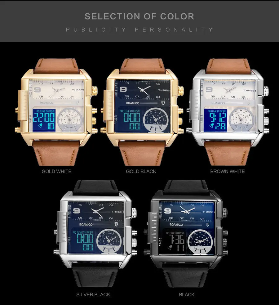 BOAMIGO, большие квадратные спортивные часы для мужчин, три часовых пояса, мужские часы, модные кожаные мужские часы, кварцевые аналоговые цифровые наручные часы
