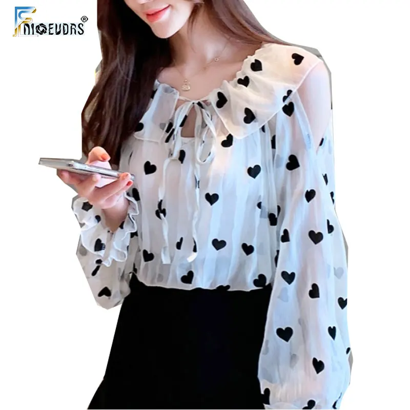 

Cute Sweet Tops Woman Fashion Summer Flare Sleeve Autumn Fall Hollow Out Love Dot Chiffon Ruffled Chiffon Blouse Shirt A415