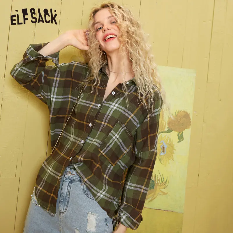 Женская клетчатая блузка ELFSACK зеленая винтажная Свободная с длинным рукавом в