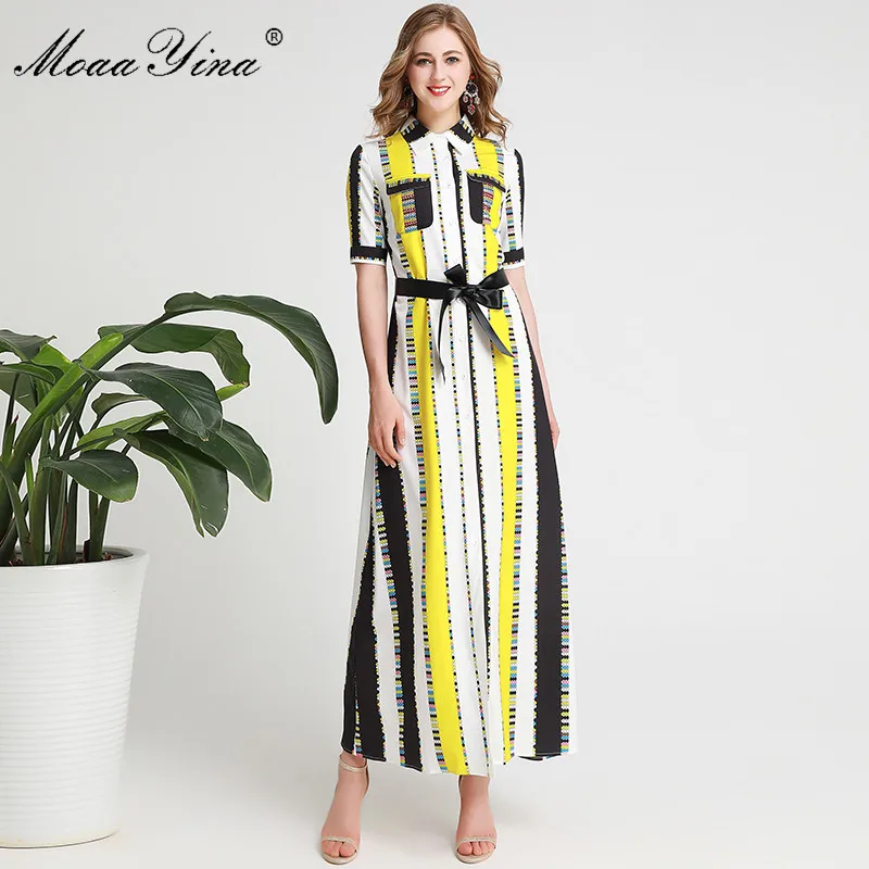 

MoaaYina Fashion Designer Runway dress Spring Summer Women Dress Turn-down Collar Short sleeve Stripe Print Maxi Dresses