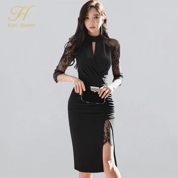 

H Han Queen Lace Patchwork Black Dresses Women's Party Sexy Split Pencil Sheath Dress Ladies Knee Length Bodycon Floral Vestidos