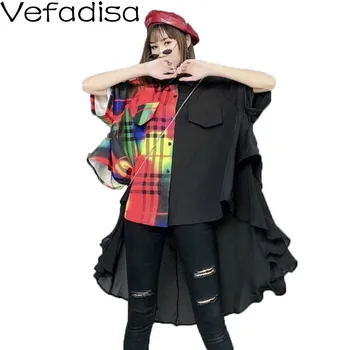 

Vefadisa Plaid Hit Color Blouse Irregular Women Blouse 2020 Summer Split Joint Chiffon Big Size Batwing Sleeve Blouse QYF2024