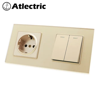 

Atlectric EU DE RU ES Plug Power Socket 1 2 3 4 Gang ON/OFF Light Switch Lamp Light Button Double Wall Socket Glass Panel