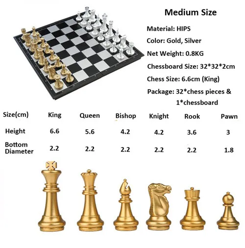 Medium Gold Silver Складная магнитная шахматная доска, игровой набор для путешествий, туристический набор шахматной доски, 32 шахматных элемента, Высококачественный портативный Международный шахматный набор - Цвет: Medium Gold Silver