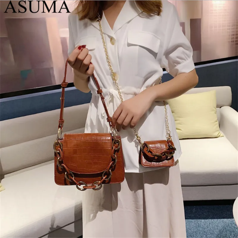 

Stone Pattern PU Leather Crossbody Bags For Women Thick Chain Design Shoulder Messenger Bag Lady Mini Tote Lipstick Handbags