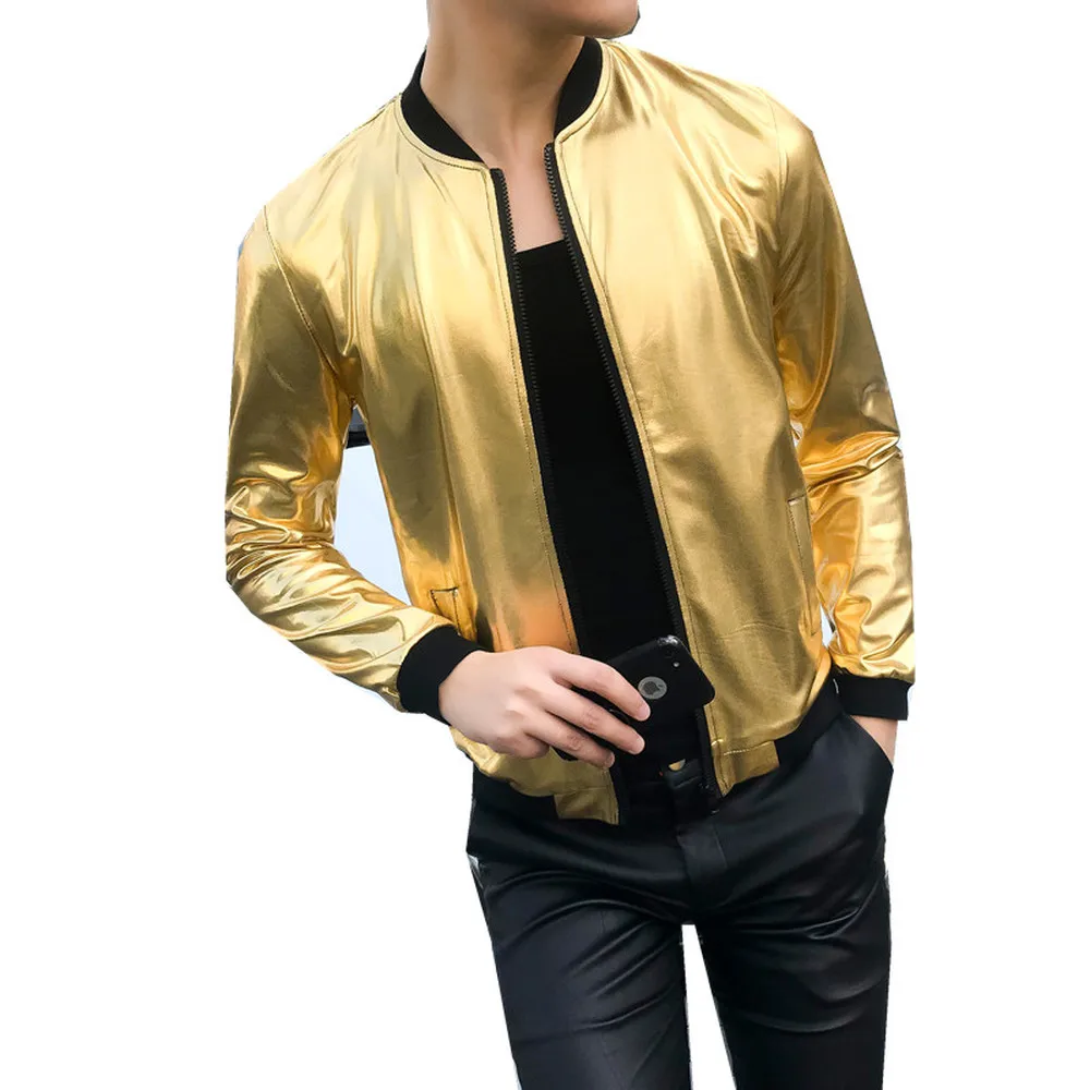 Skup Letni mężczyzna Bomber Jacket Fashion 2018 Slim odzież chroniąca przed słońcem złoty srebrny Shining kurtki męskie Plus rozmiar 5XL etap płaszcze