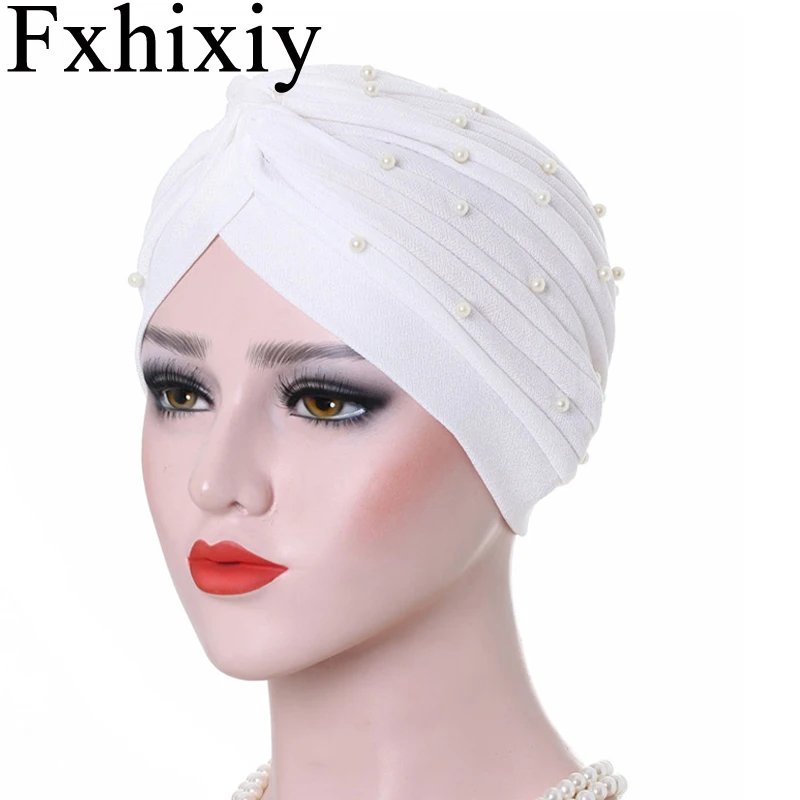 

Muslim Women Stretchy Cotton Ruffle Bead Turban Hat Cancer Chemo Beanies Cap Headwear Wrap Plated Hair Accessories