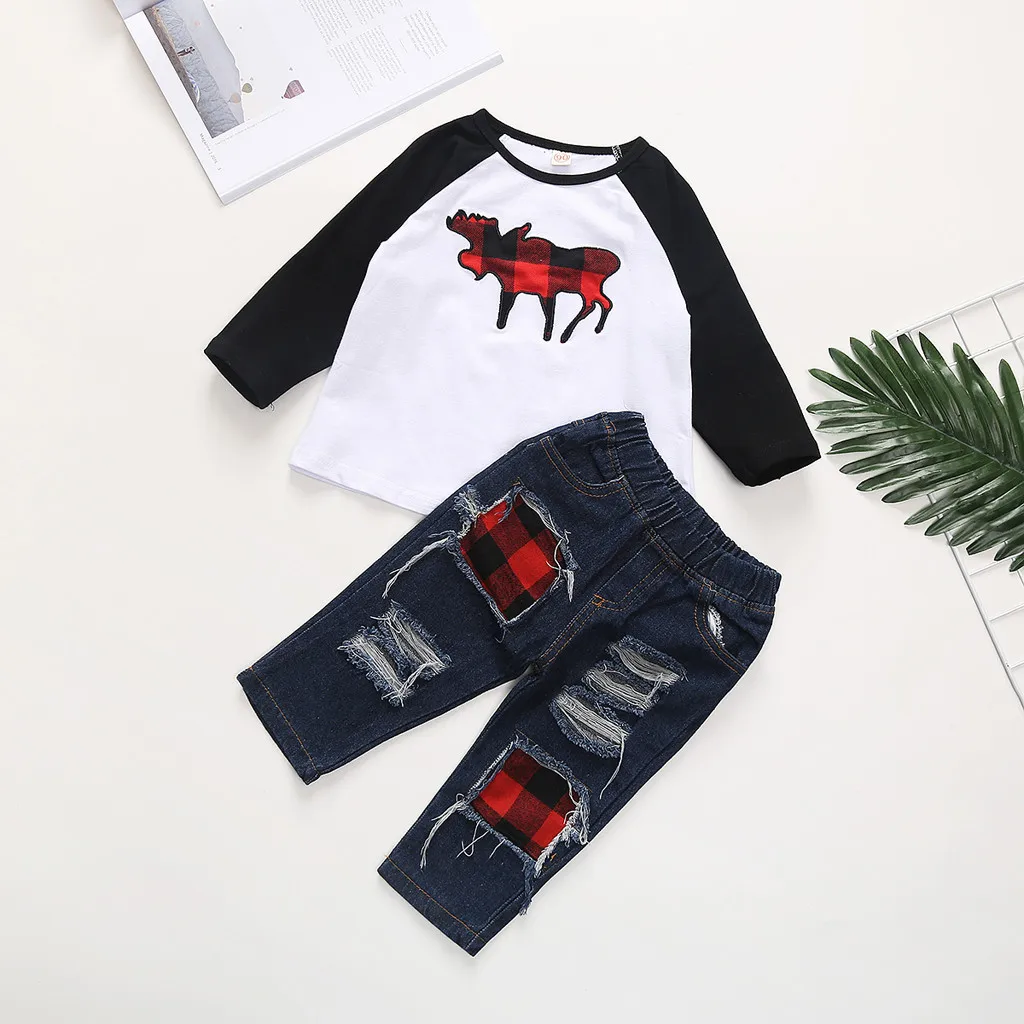 Одежда для новорожденных Одежда для маленьких мальчиков детская одежда детские топы с рисунком оленя для маленьких мальчиков; джинсовые штаны; roupa infantil
