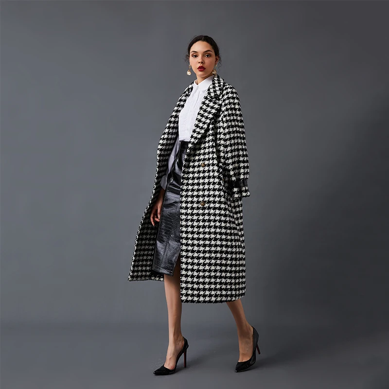 

Black And White Houndstooth Wool Blend Oversized Coat Soft Warm Winter Retro Elegant Jacket For Spring And Autumn Retro Season