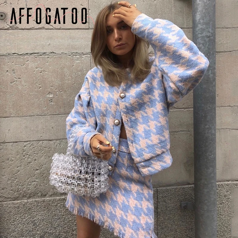 Afogatoo, элегантные винтажные клетчатые женские комплекты, милые модные женские костюмы из двух частей, повседневные осенние зимние женские комплекты, куртки и юбки
